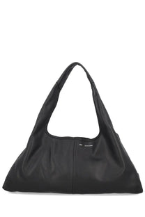 Black leather shoulder bag with minimalist design and subtle branding on the front by ami paris unisex leather bag black
