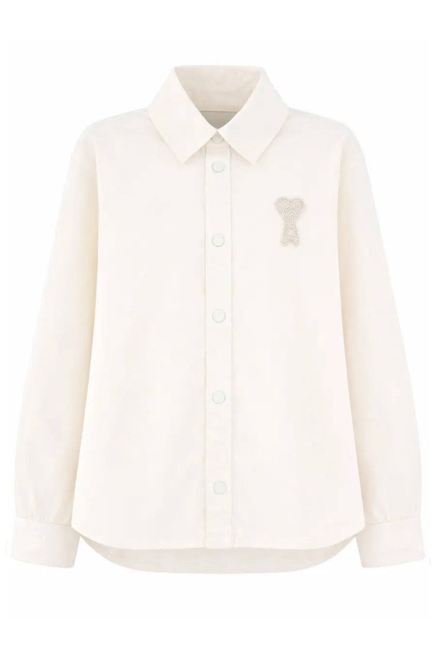Ami Paris unisex cream overshirt with long sleeves and subtle embroidered bear motif on left chest