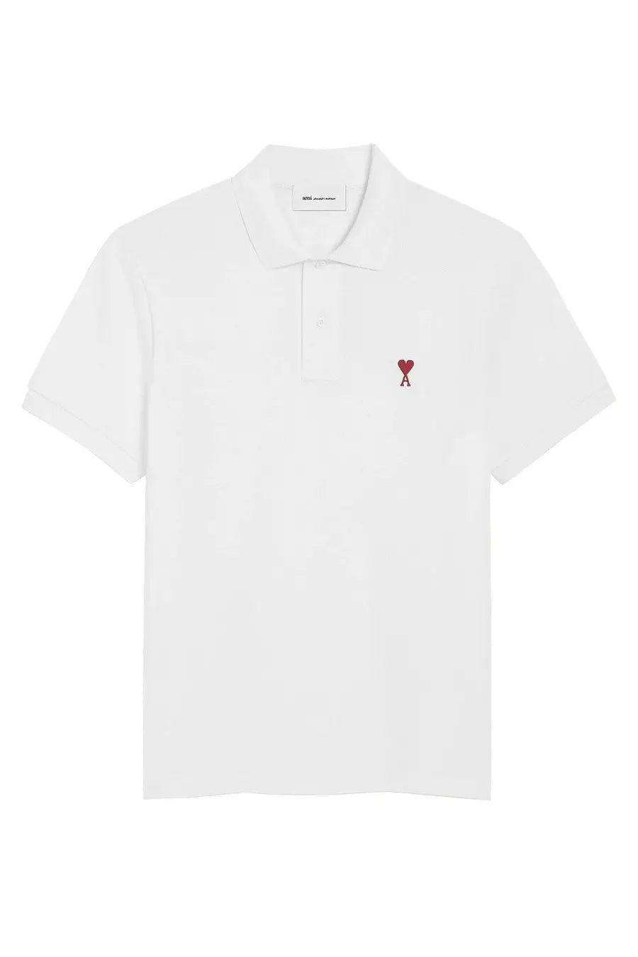 Ami Paris unisex white short-sleeved polo shirt with a red embroidered heart logo on the left chest