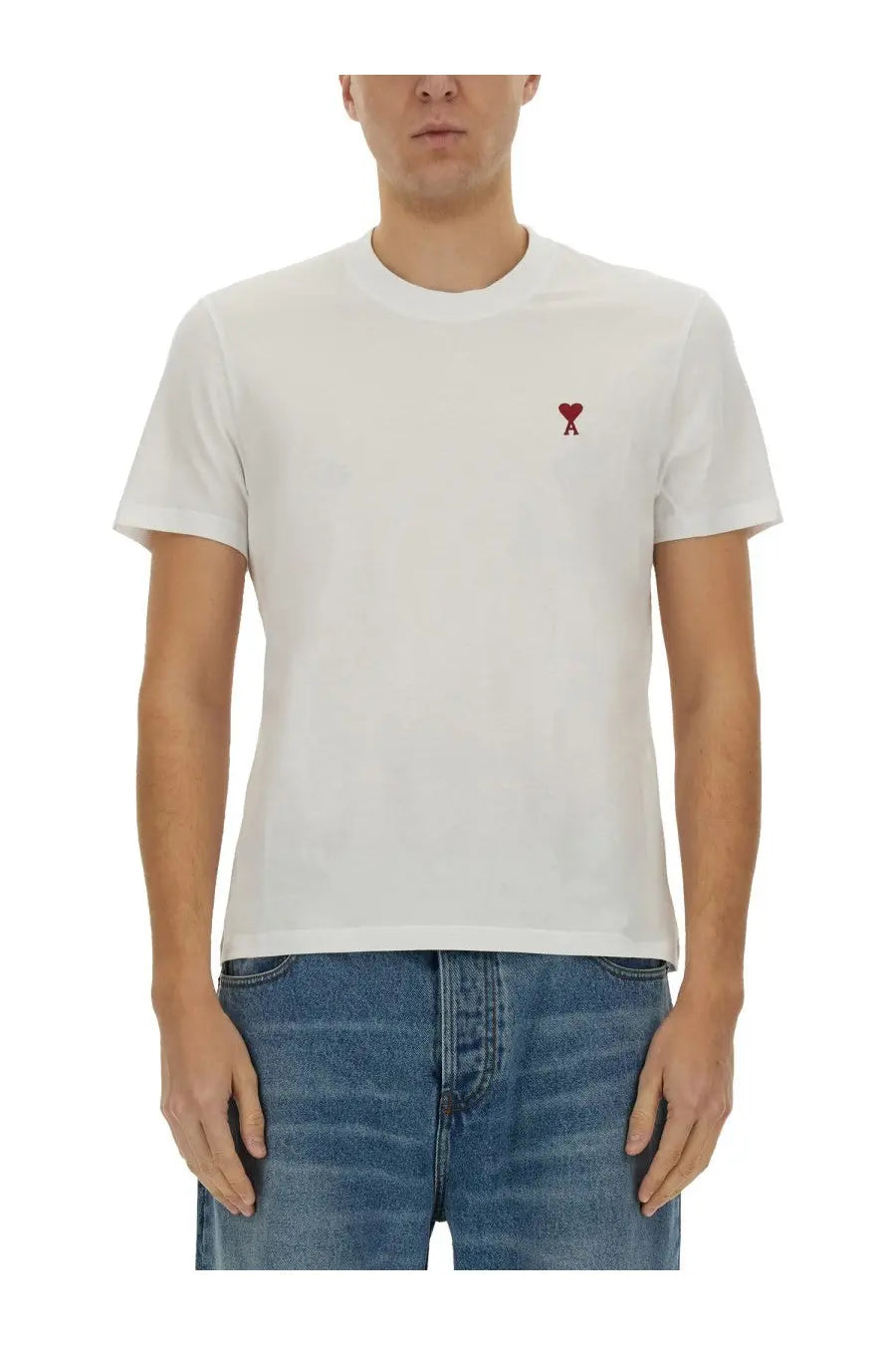 White cotton Ami Paris unisex shirt featuring a small red embroidered heart logo on the left chest