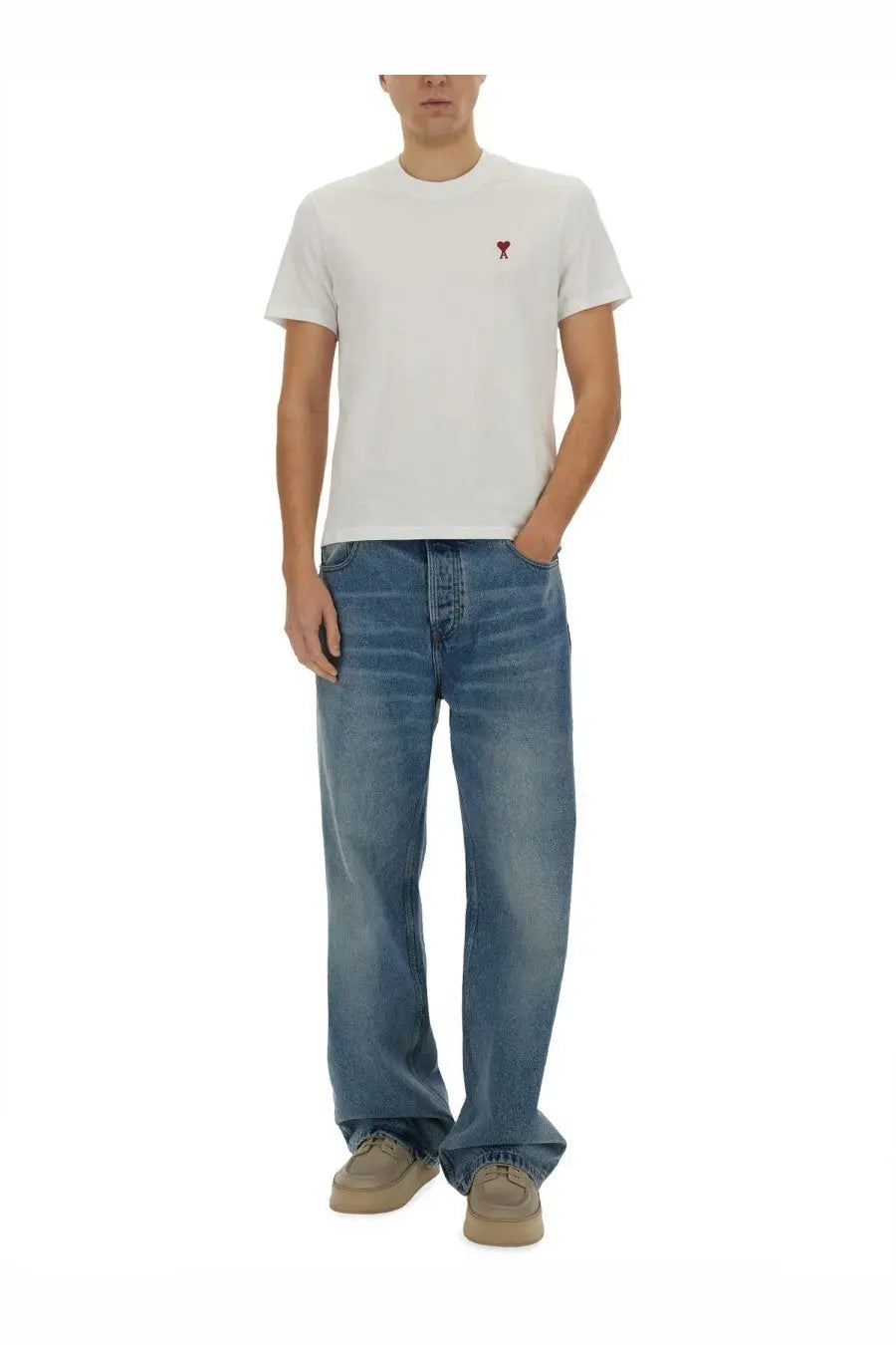 Ami Paris unisex white cotton t-shirt with a small red embroidered logo on the left chest