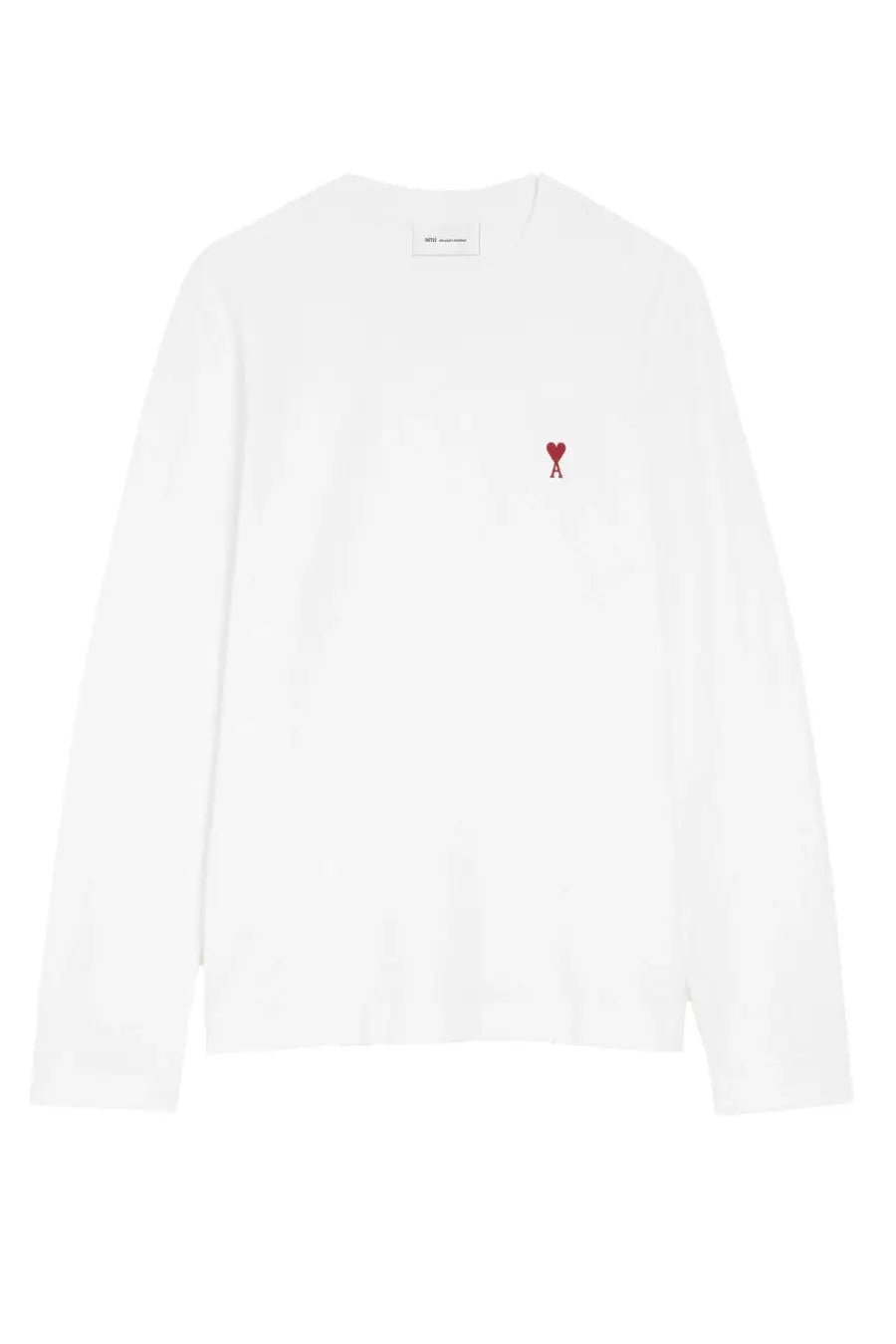 Ami Paris unisex white long-sleeved crewneck sweater with small red embroidered heart logo on left chest
