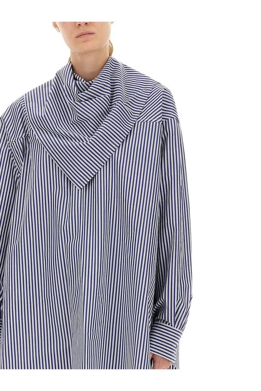 Ami Paris unisex oversized blouse in navy and white vertical stripes with a high draped collar and bandana style