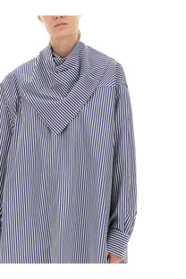 Ami Paris unisex oversized blouse in navy and white vertical stripes with a high draped collar and bandana style