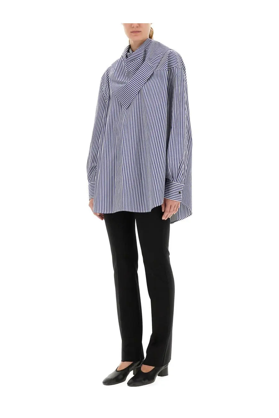 Ami Paris unisex loose-fitting oversized blue and white vertically striped bandana blouse with high draped collar