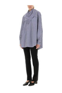 Ami Paris unisex loose-fitting oversized blue and white vertically striped bandana blouse with high draped collar