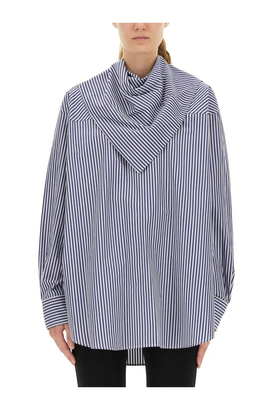Ami Paris unisex blue and white striped oversized button-up blouse with a draped cowl neckline