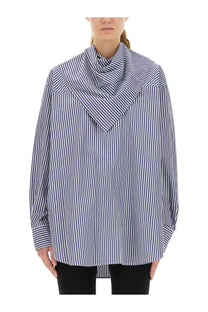 Ami Paris unisex blue and white striped oversized button-up blouse with a draped cowl neckline