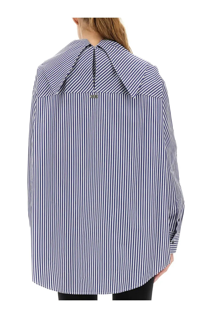 Ami Paris unisex oversized button-down blouse with blue and white vertical stripes and a wide collar