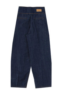 Back side of ami paris women’s belted jeans blue showing high waist dark blue denim trousers with wide legs and two pockets