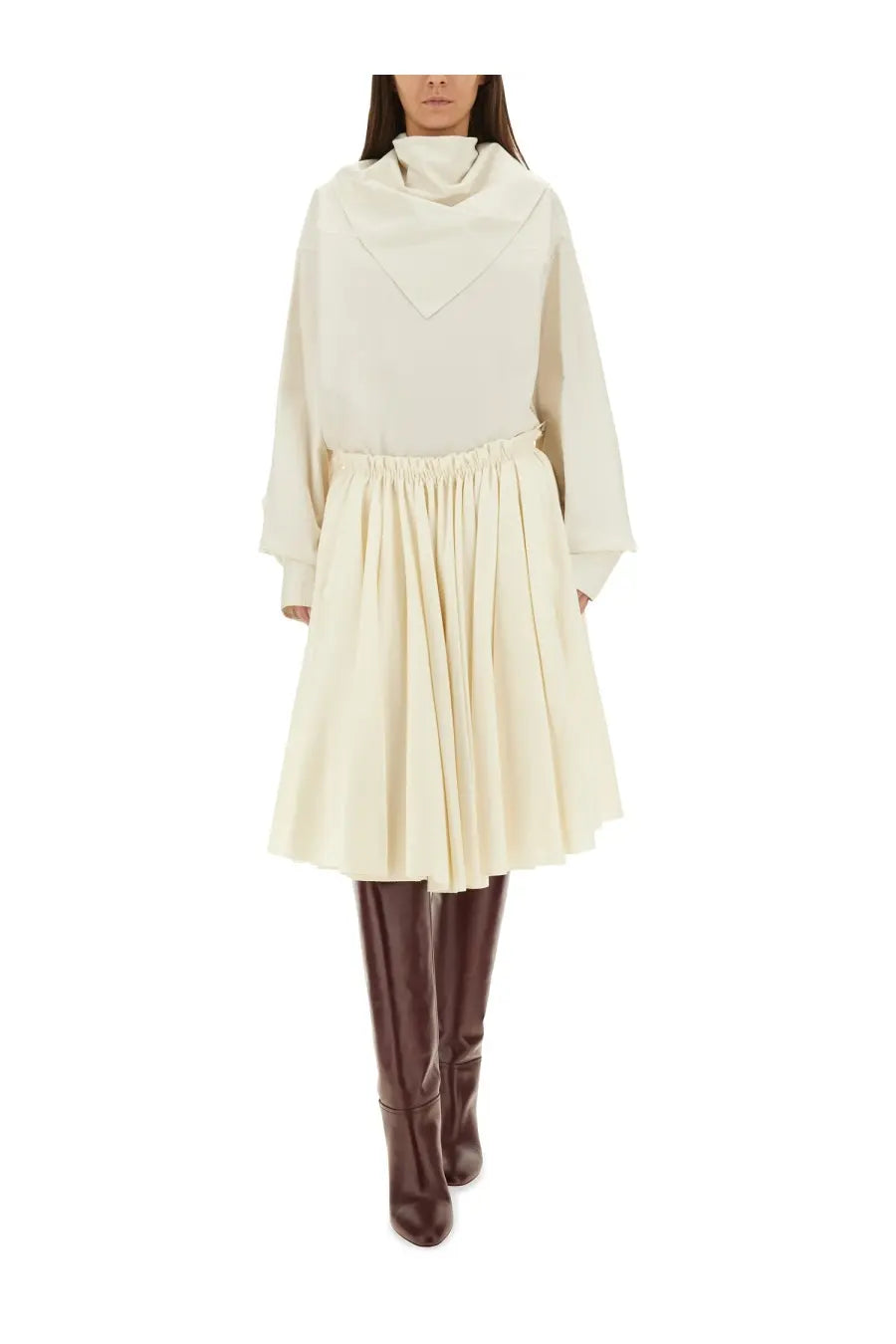 Ami Paris women’s cream-colored long-sleeved turtleneck dress with pleated skirt and elastic waistband