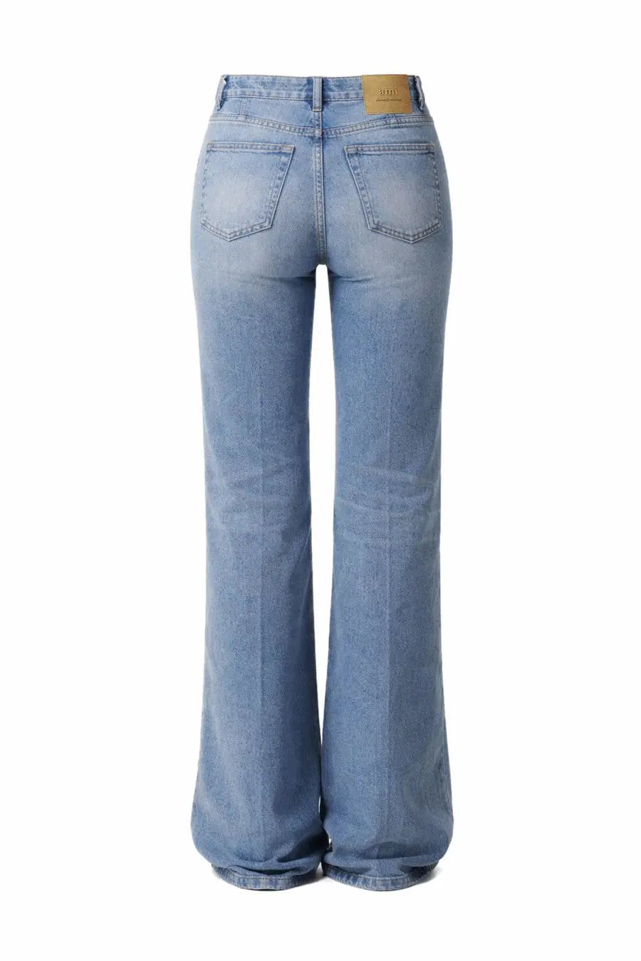 Back view of ami paris women’s light-wash cotton denim flare jeans with classic pockets and tan leather brand tag