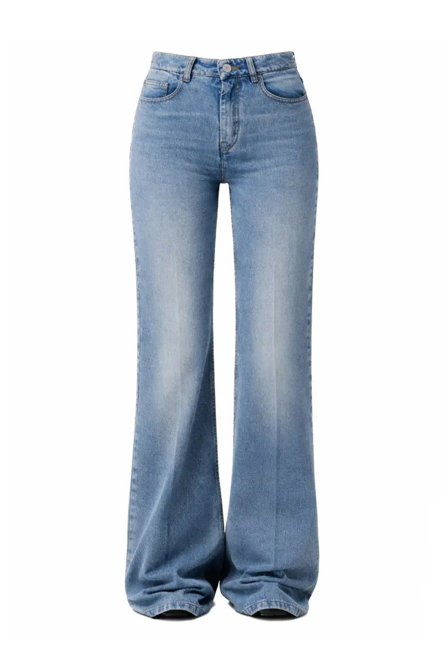 Ami Paris women’s light-wash cotton denim jeans with high-rise flared wide-leg and classic five-pocket design