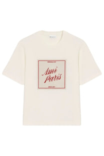 Cream-colored ami paris women’s cotton t-shirt with red framed patch featuring cursive logo and since 2011 text