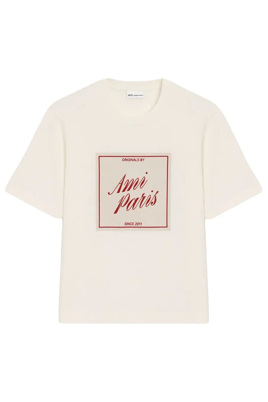 Ami Paris women’s cream cotton t-shirt with a red-framed patch reading ami paris since 2011 on front