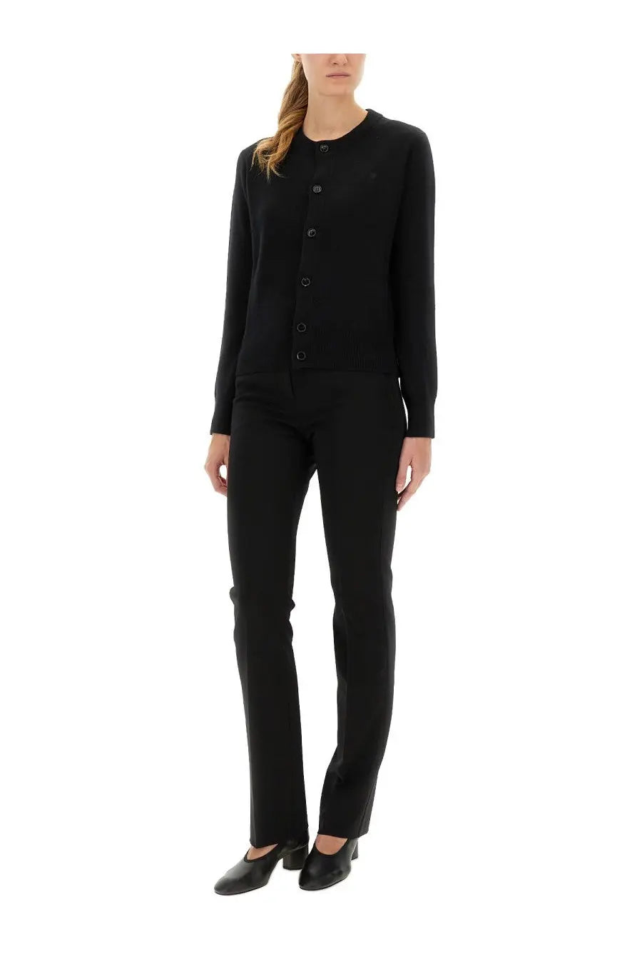 Ami Paris women’s Ami de Coeur black long-sleeved button-up cardigan with round neckline and subtle texture