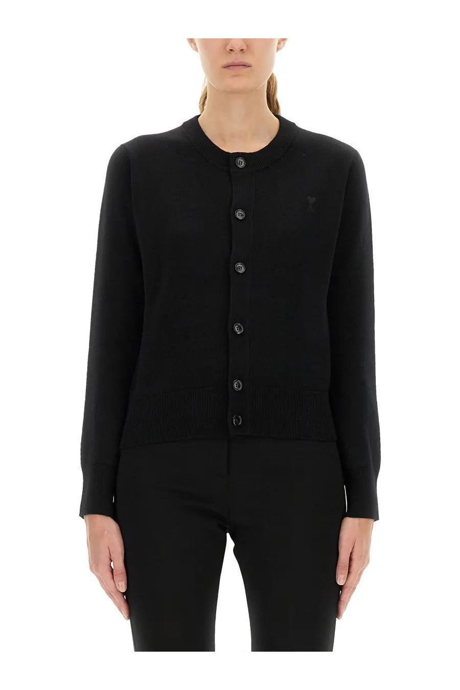 Black long-sleeved Ami Paris Ami DE Coeur cardigan with round neckline and five matching buttons
