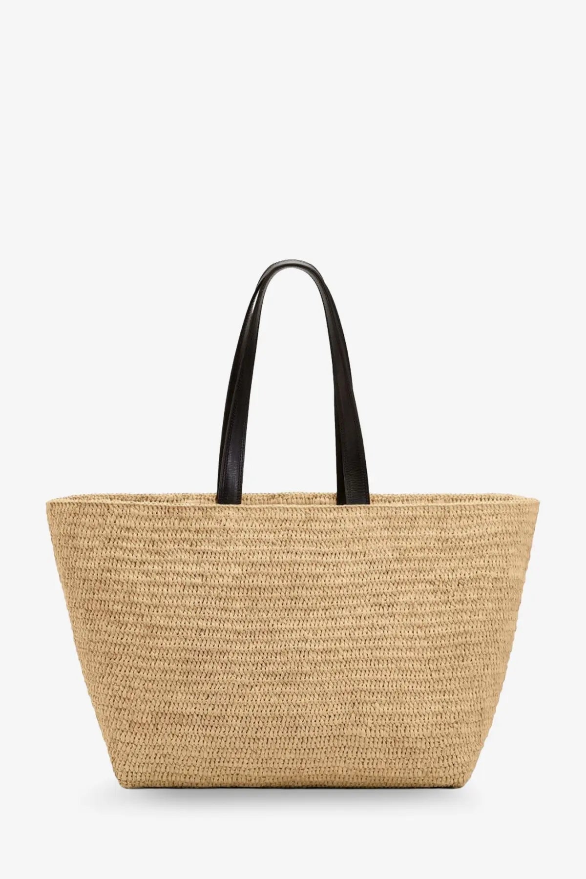 Beige woven straw tote bag with black leather handles by Ami Paris for women designed as a raffia shoulder bag white