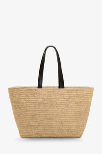 Beige woven straw tote bag with black leather handles by Ami Paris for women designed as a raffia shoulder bag white