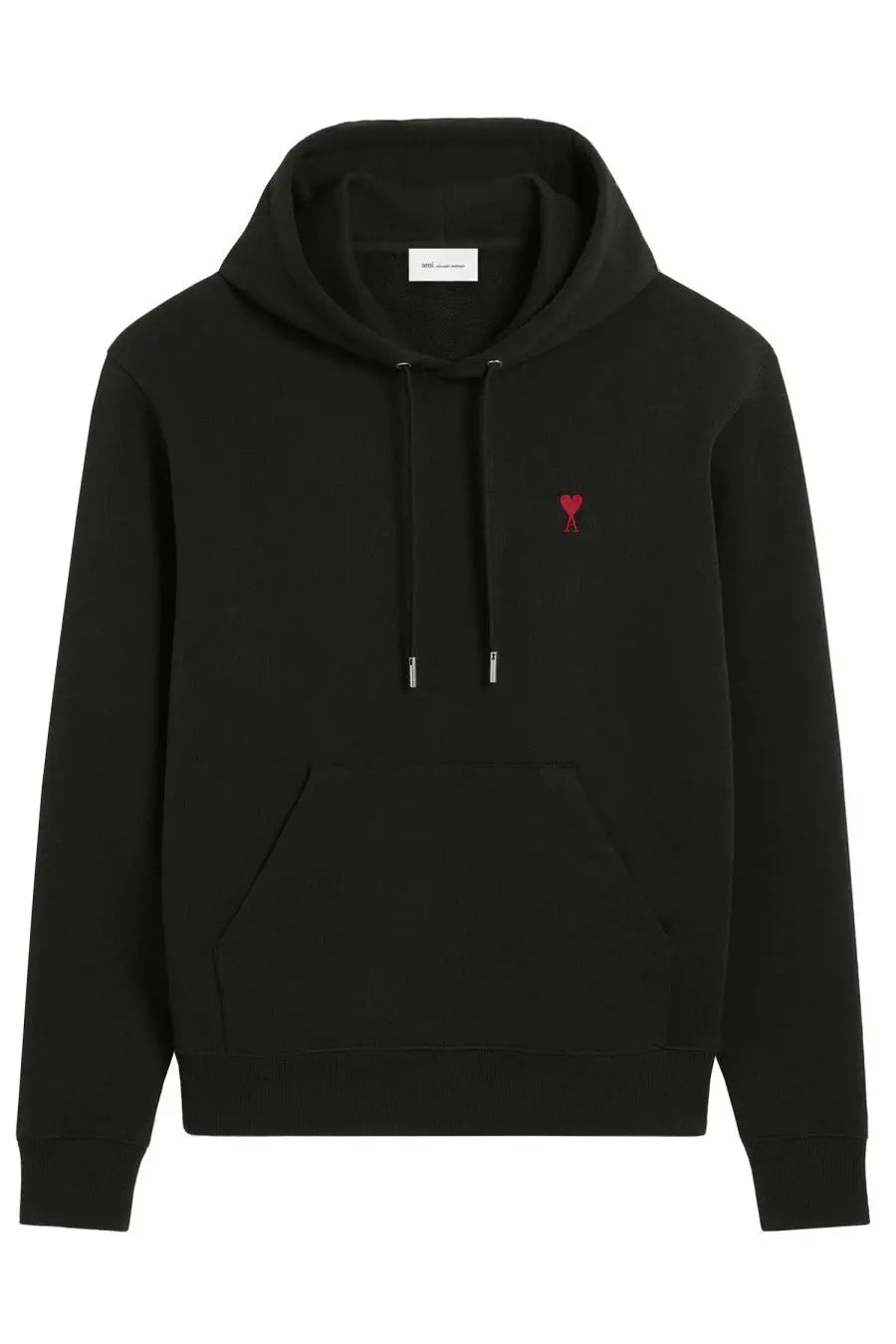 Ami Paris women’s black cotton hoodie with a small red embroidered heart logo on the left chest