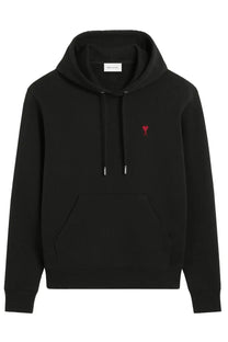 Ami Paris women’s black cotton hoodie with a small red embroidered heart logo on the left chest
