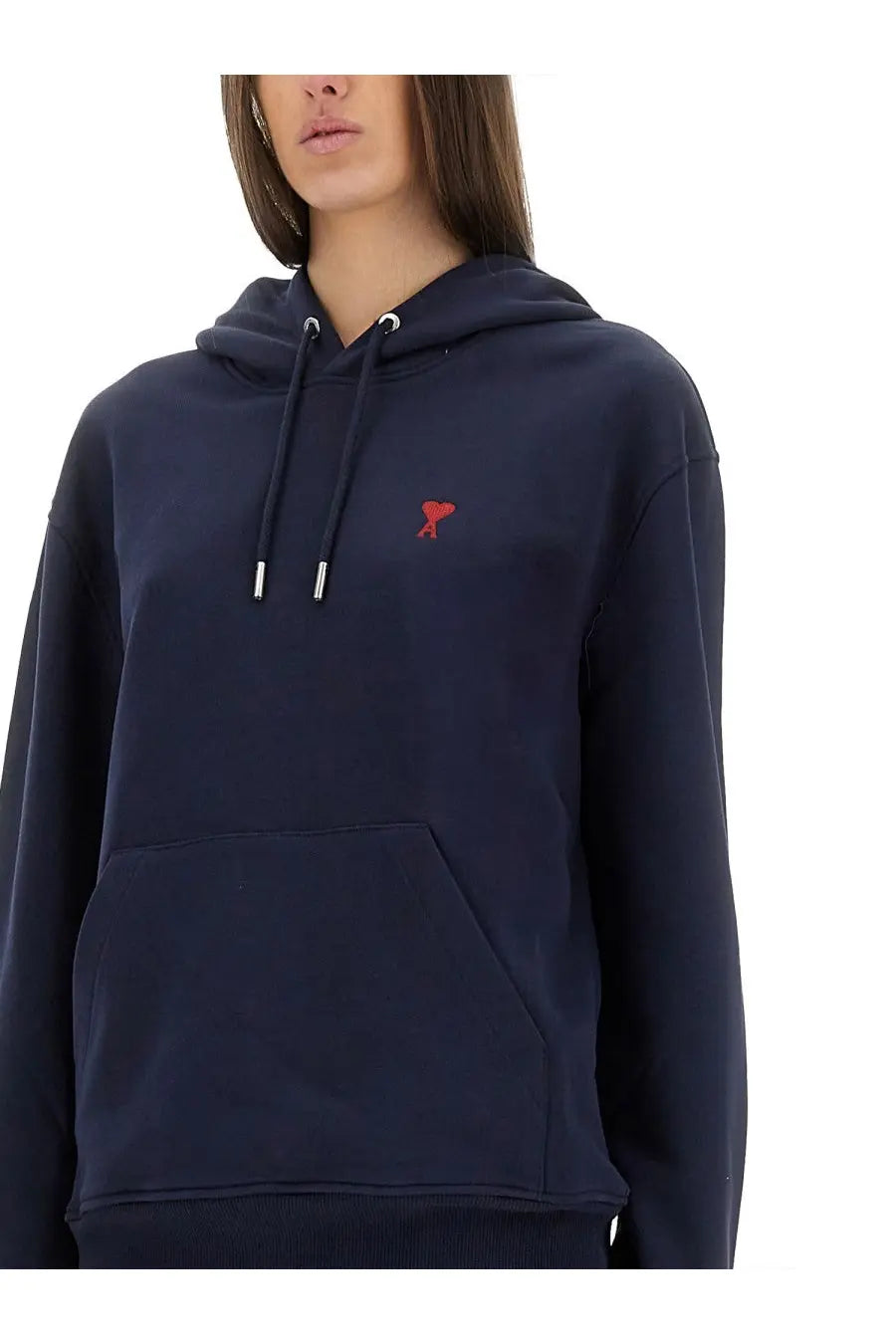 Ami Paris women’s navy blue cotton hoodie with red embroidered logo and silver-toned drawstring toggles