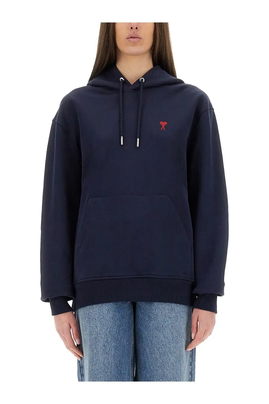 Ami Paris women’s navy blue cotton hoodie with small red embroidered logo and white aglets on drawstrings