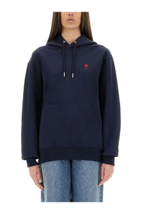 Ami Paris women’s navy blue cotton hoodie with small red embroidered logo and white aglets on drawstrings