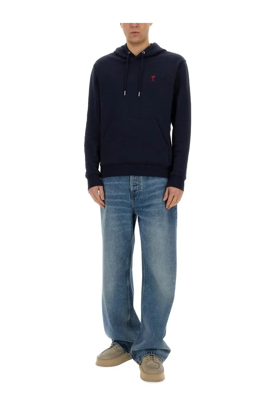 Ami paris women’s navy blue cotton hoodie with a small red embroidered logo on the chest
