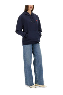 Ami Paris women’s navy blue oversized hoodie with a small red logo on the chest and white drawstrings