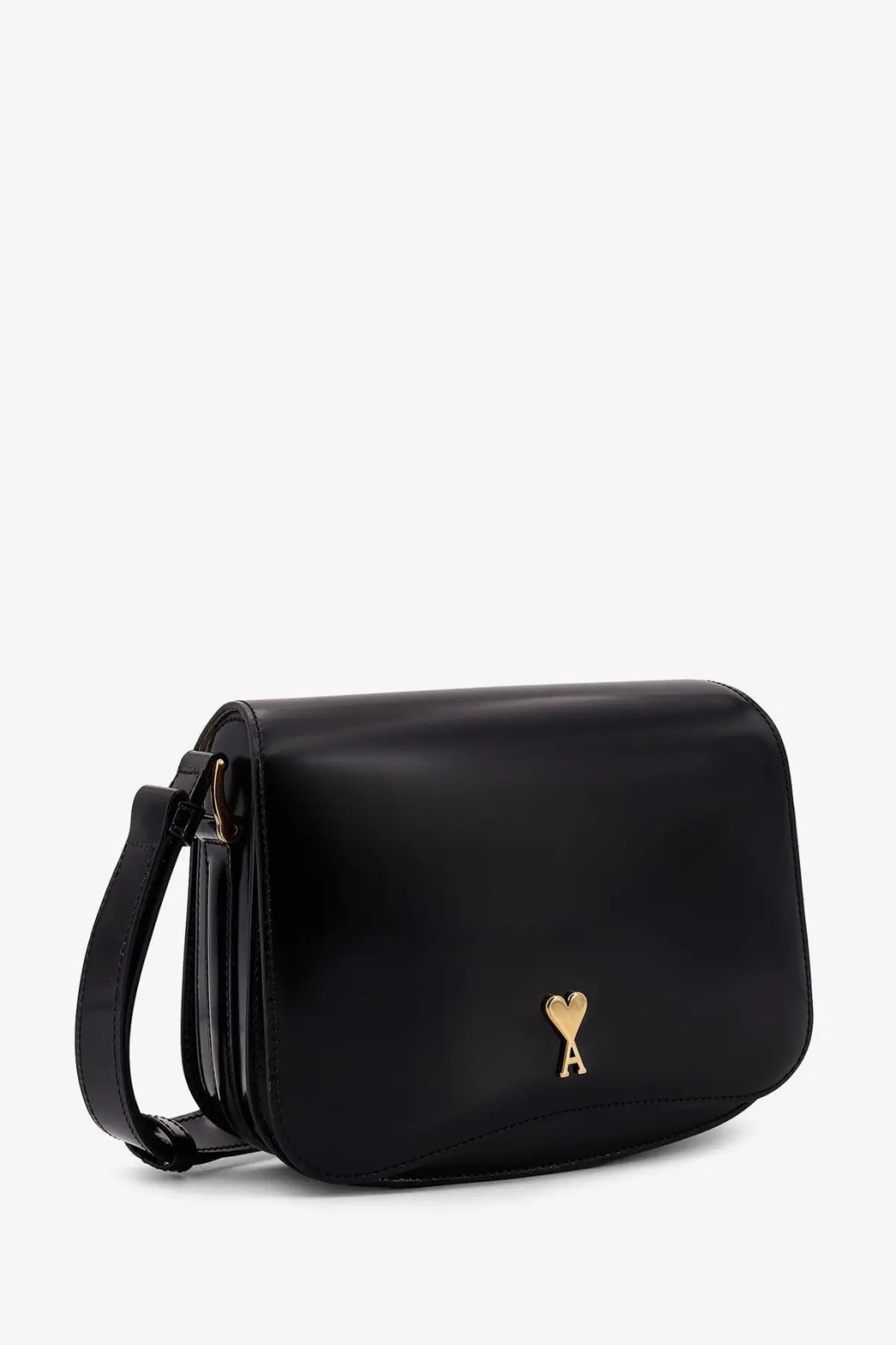 Ami Paris women’s black leather crossbody bag with gold heart-shaped logo featuring letter a at center