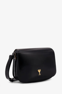 Ami Paris women’s black leather crossbody bag with gold heart-shaped logo featuring letter a at center