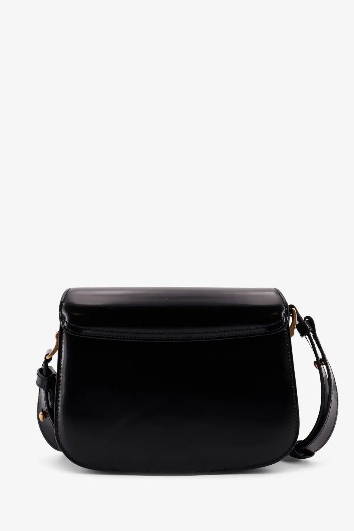 Ami Paris women’s black leather crossbody bag with patent finish gold-tone hardware and minimalist design