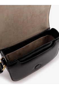 Ami Paris women’s leather crossbody bag in black patent leather with gold-tone hardware and suede interior