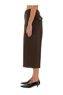 Ami Paris women’s military Bermuda brown high-waisted midi skirt with gold-tone button side pocket detailing