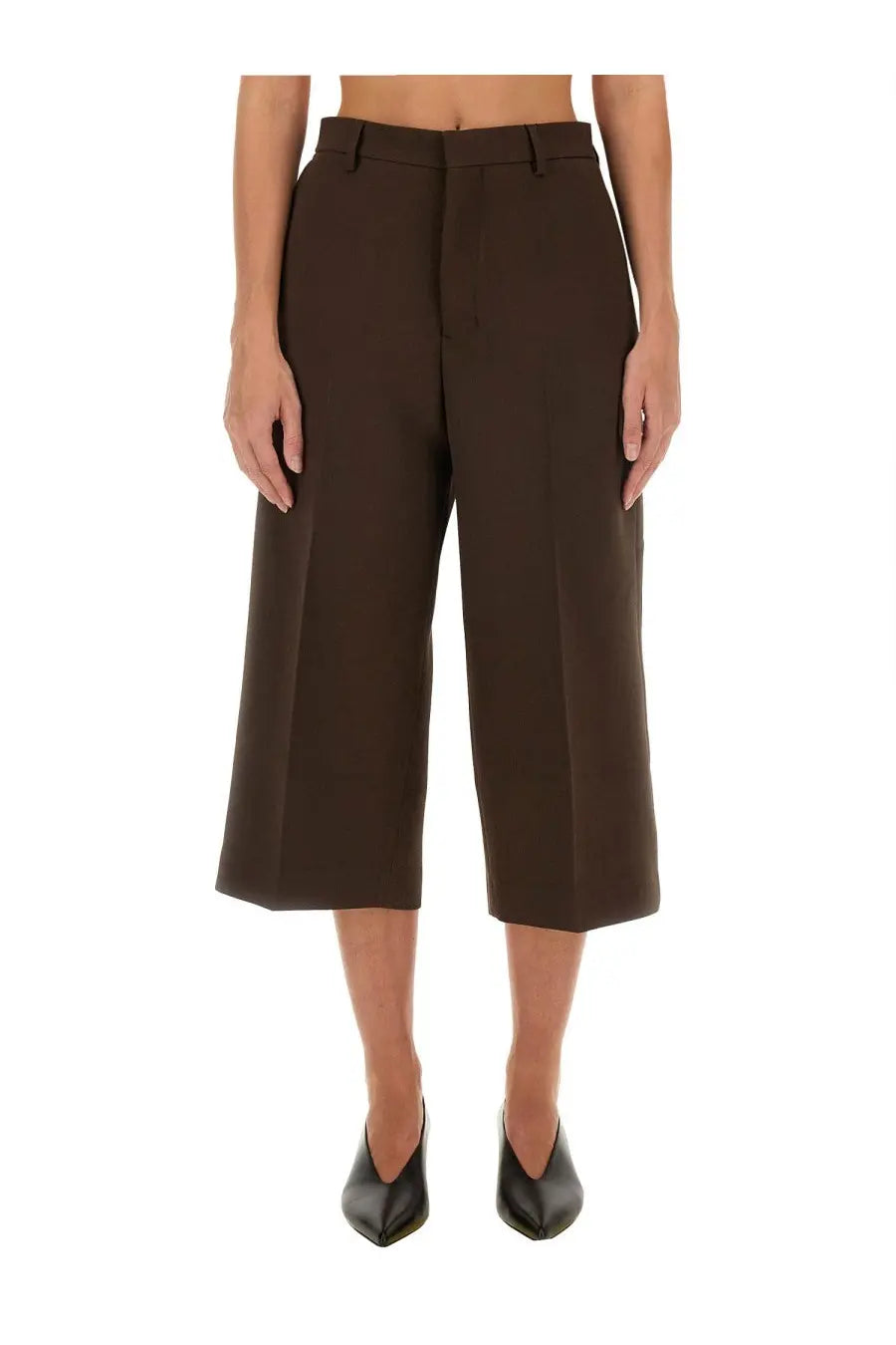 Ami paris women’s military bermuda brown brown high-waisted wide-leg cropped trousers in cotton blend fabric