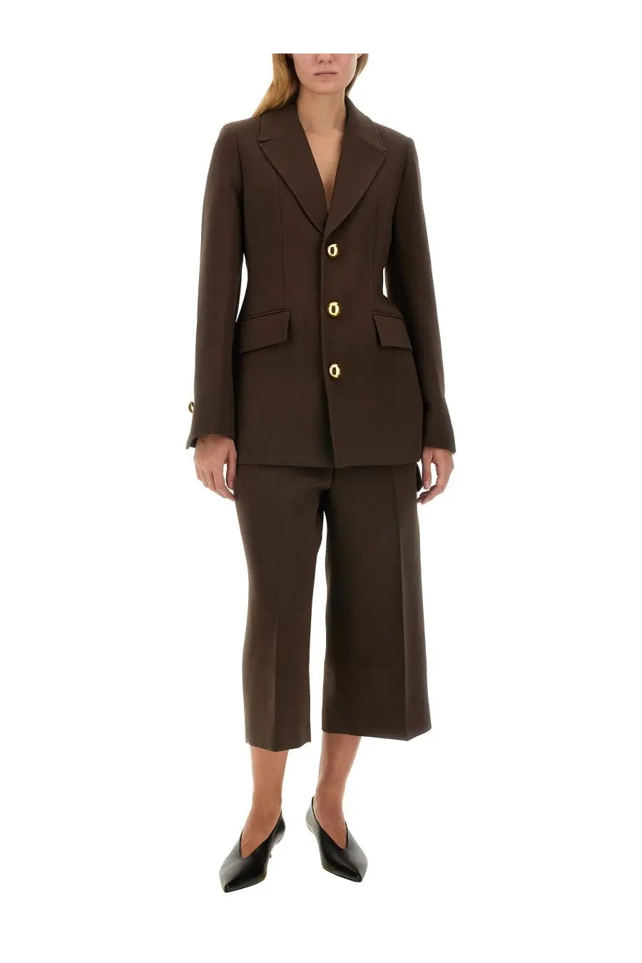 Ami Paris women’s military bermuda brown structured blazer with gold-tone buttons and matching cropped trousers