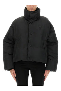 Ami Paris women’s black padded jacket with high collar button closure made of warm insulated material