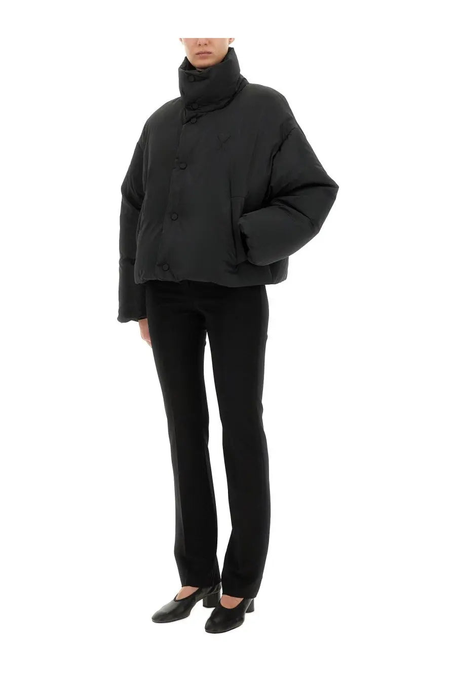 Ami Paris women’s black padded jacket with high collar and button closures in a warm puffer design
