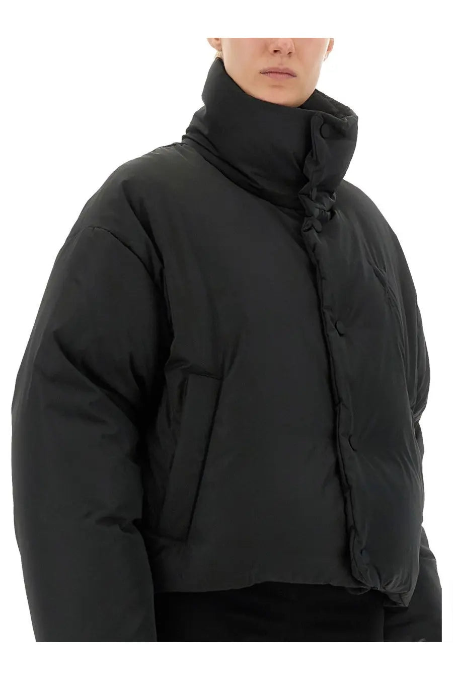 Ami paris women’s black padded jacket with quilted design and high ruffled collar in puffer style