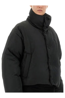 Ami paris women’s black padded jacket with quilted design and high ruffled collar in puffer style