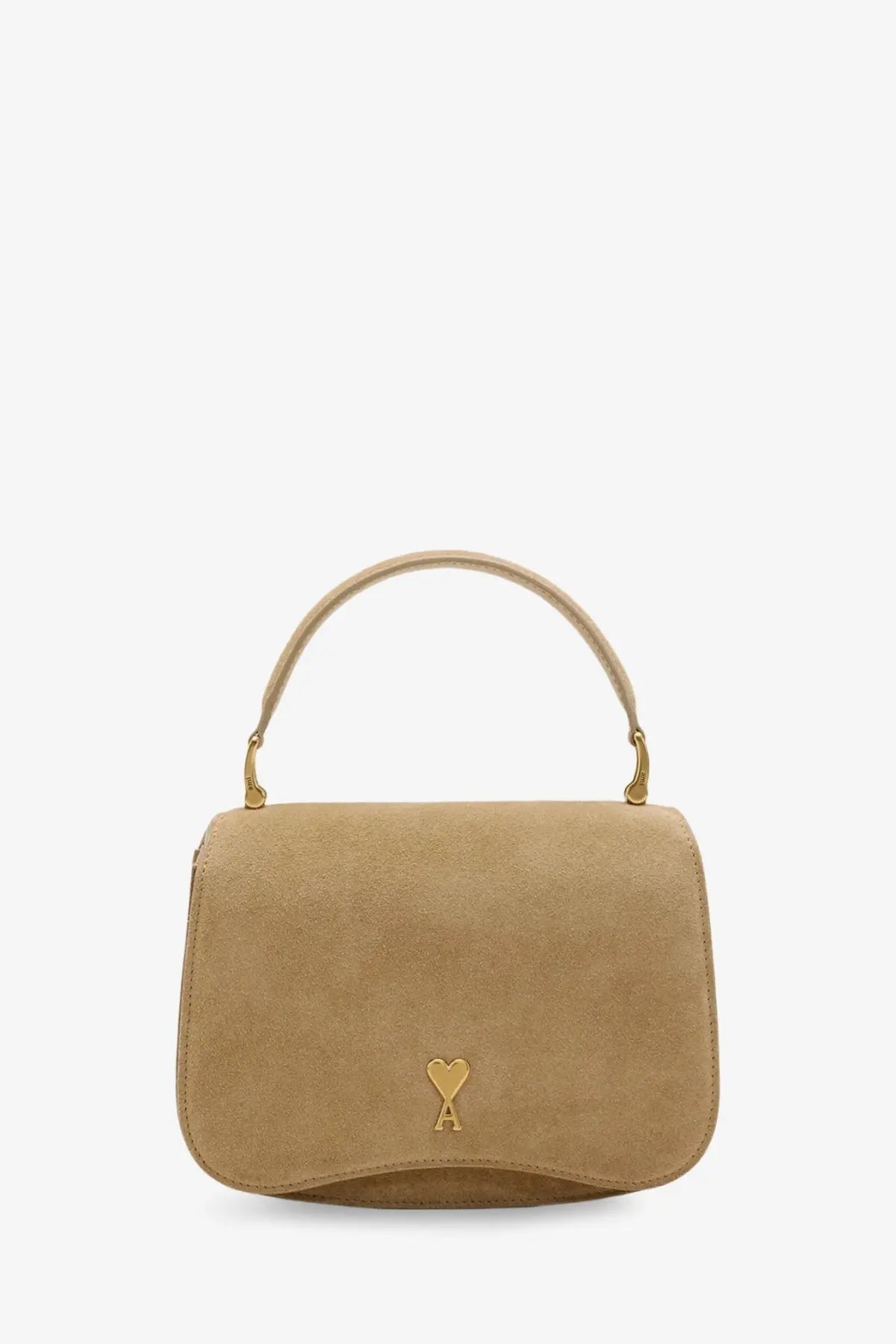Beige suede ami paris women’s crossbody bag miel with gold-tone heart-shaped logo and matching handle