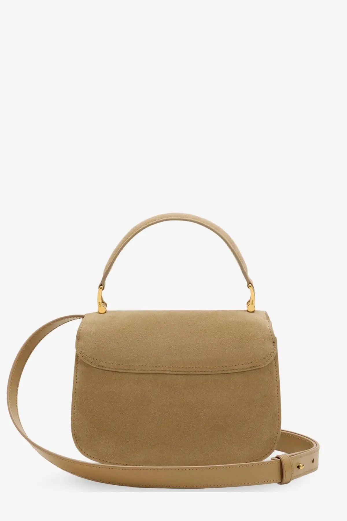 Beige suede crossbody handbag by Ami Paris with gold-tone hardware and detachable shoulder strap miel color
