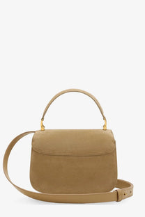 Beige suede crossbody handbag by Ami Paris with gold-tone hardware and detachable shoulder strap miel color