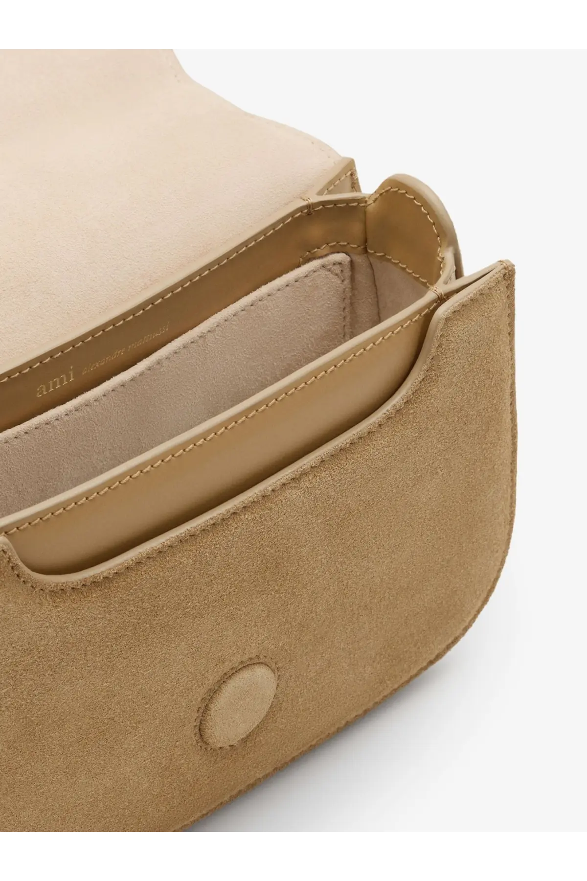 Ami Paris women’s beige suede crossbody bag with minimalist design and subtle stitching details