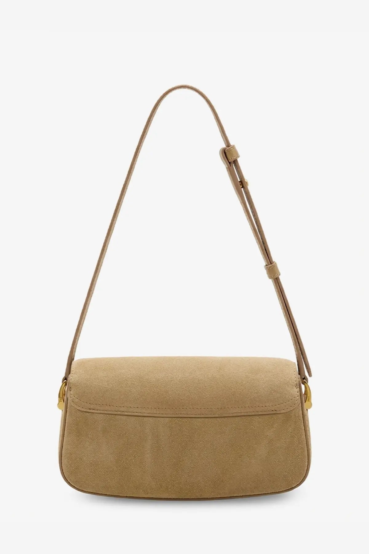 Beige suede shoulder bag with slender strap and gold tone hardware from ami paris womens suede shoulder bag miel