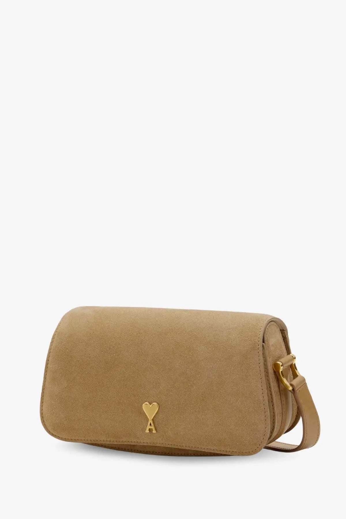 Ami paris women’s tan suede crossbody bag with gold-tone heart-shaped logo clasp in miel color