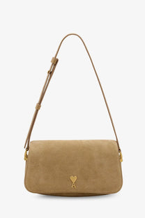 Ami Paris women’s tan suede shoulder bag miel with gold-tone heart-shaped logo and matching adjustable strap
