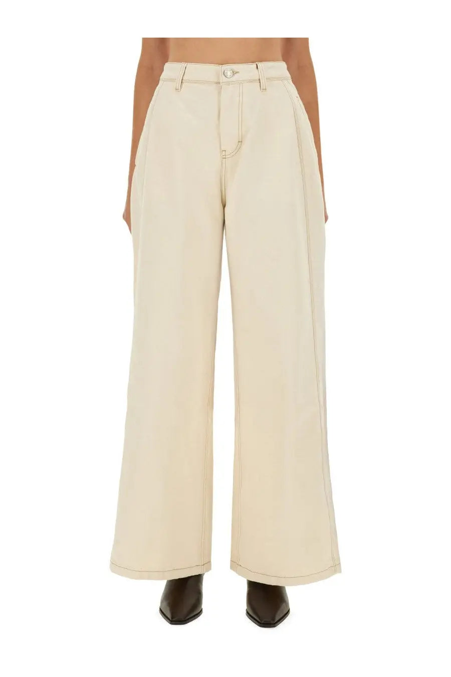 Ami paris women’s super wide fit jeans beige featuring cream-colored wide-leg trousers with minimalist stitching details