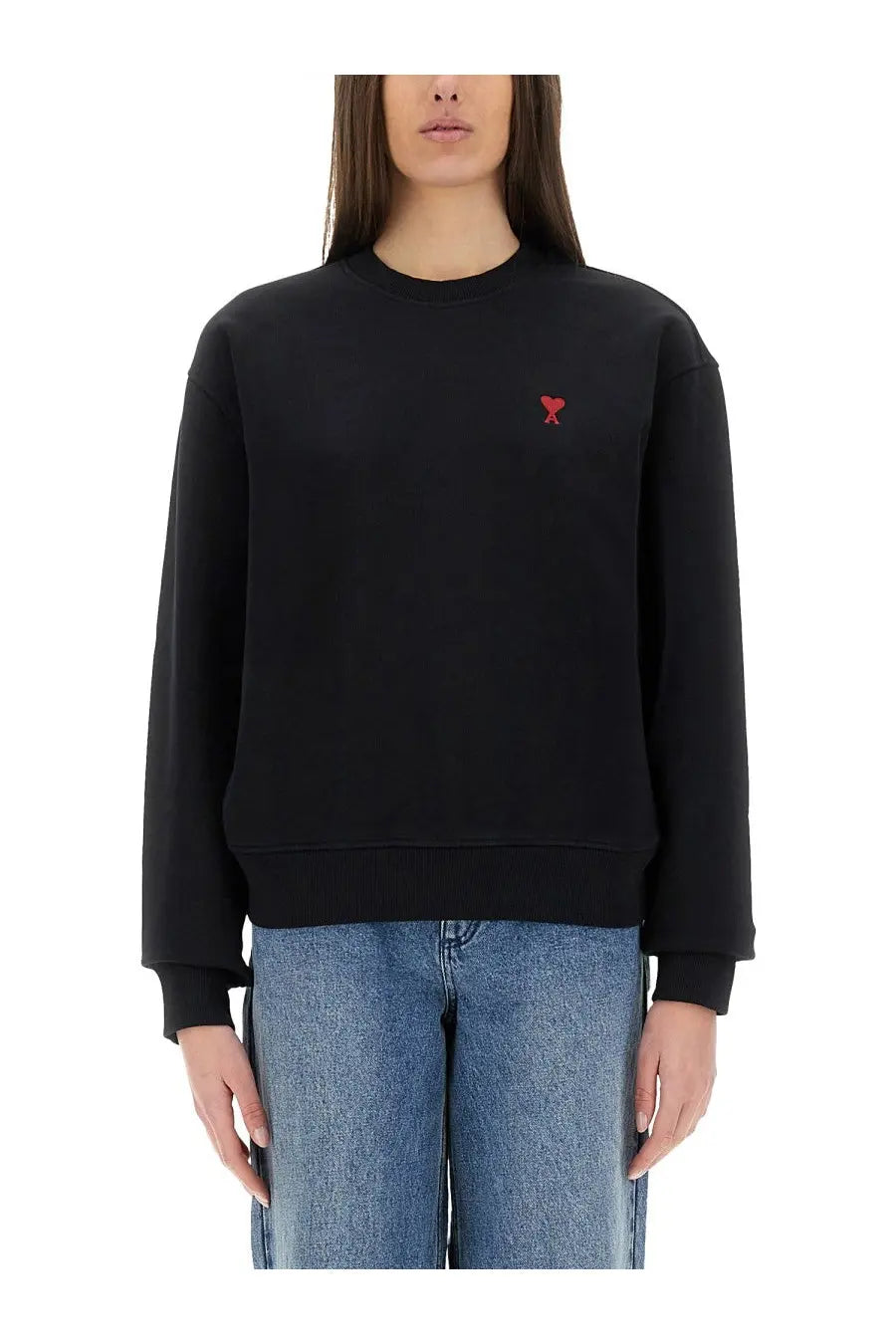 Ami Paris women’s black crewneck sweatshirt with a small red embroidered heart logo on the left chest